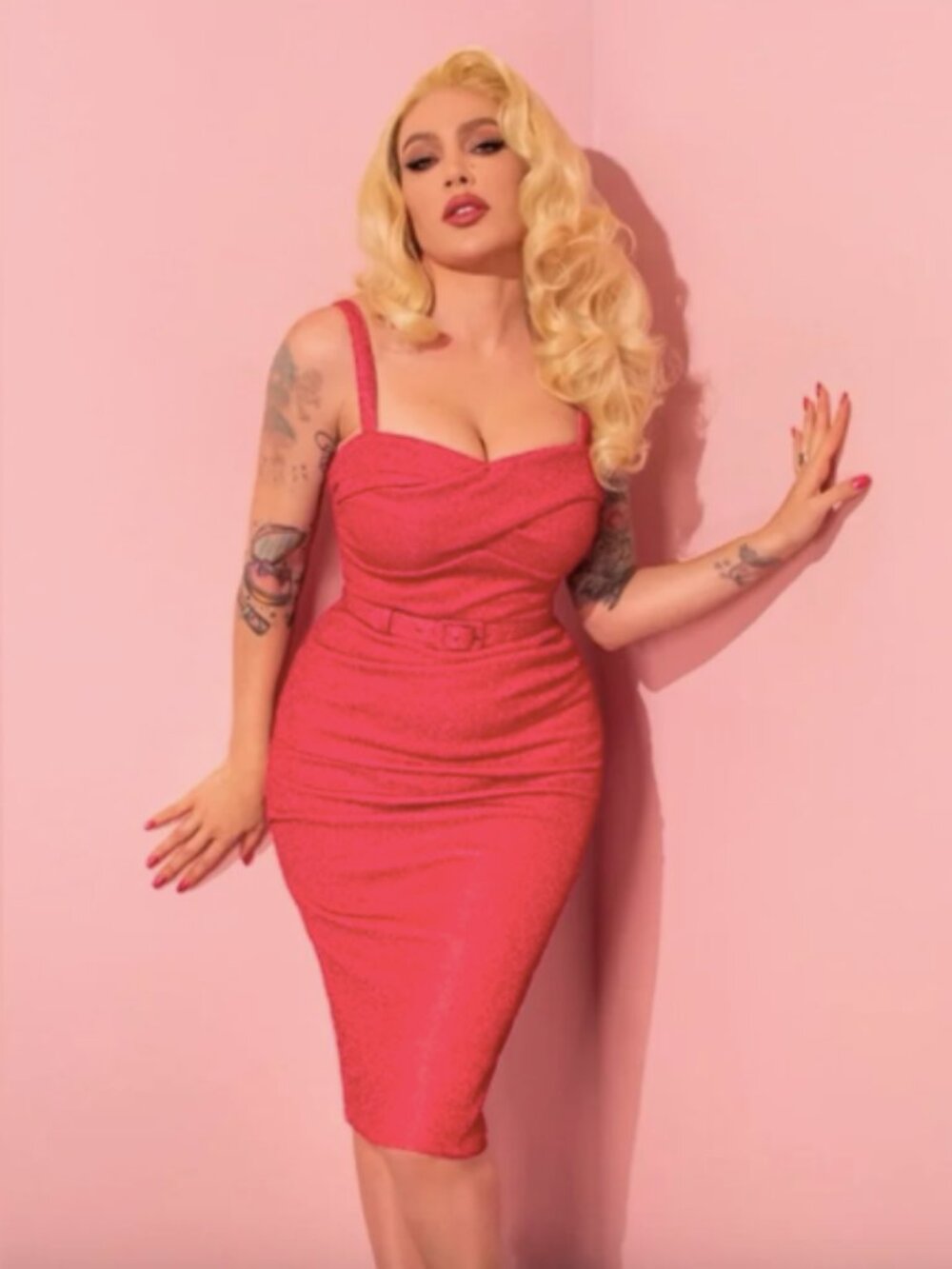 Vixen by Micheline Pitt Jawbreaker Wiggle Dress Pink Lurex w/ Belt Small (READ)